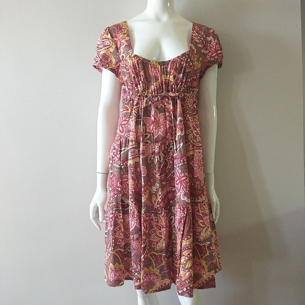 Ann Taylor Loft Sundress 12 Red Floral Tiered Empire Short Sleeve Cotton Peasant
